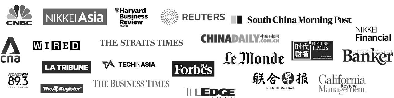 Logos of media outlets, including CNBC, Nikkei Asia, Reuters, The Straits Times, CNA, The Business Times and Le Monde