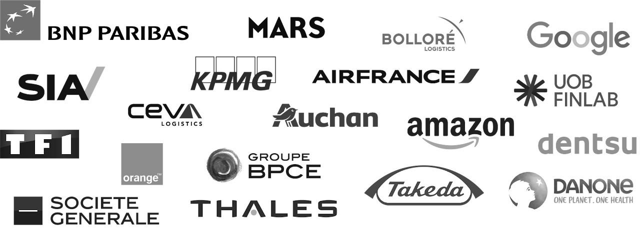 Logos of BNP Paribas, Mars, Bolloré Logistics, Google, Sia, KPMG, Air France, UOB FinLab, CEVA Logistics, Auchan, Amazon, Dentsu, TF1, Orange, Groupe BPCE, Takeda, Danone, Société Générale and Thales